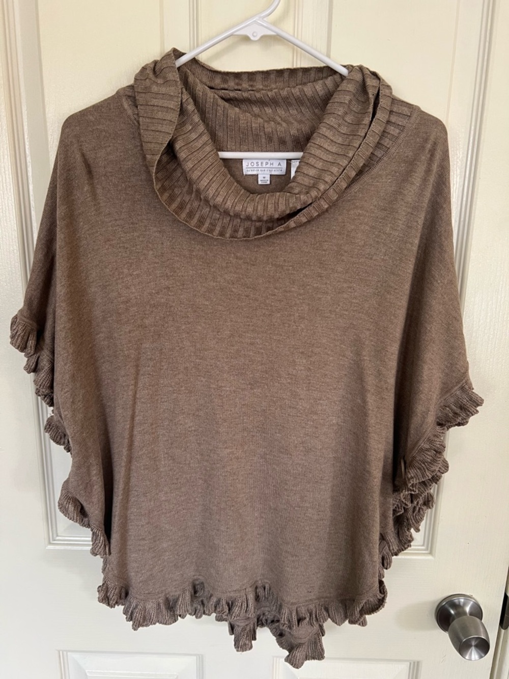 Joseph A Taupe Ruffle Poncho Sweater M Cowl Neck Knit Cape Style Top - Picture 8 of 11